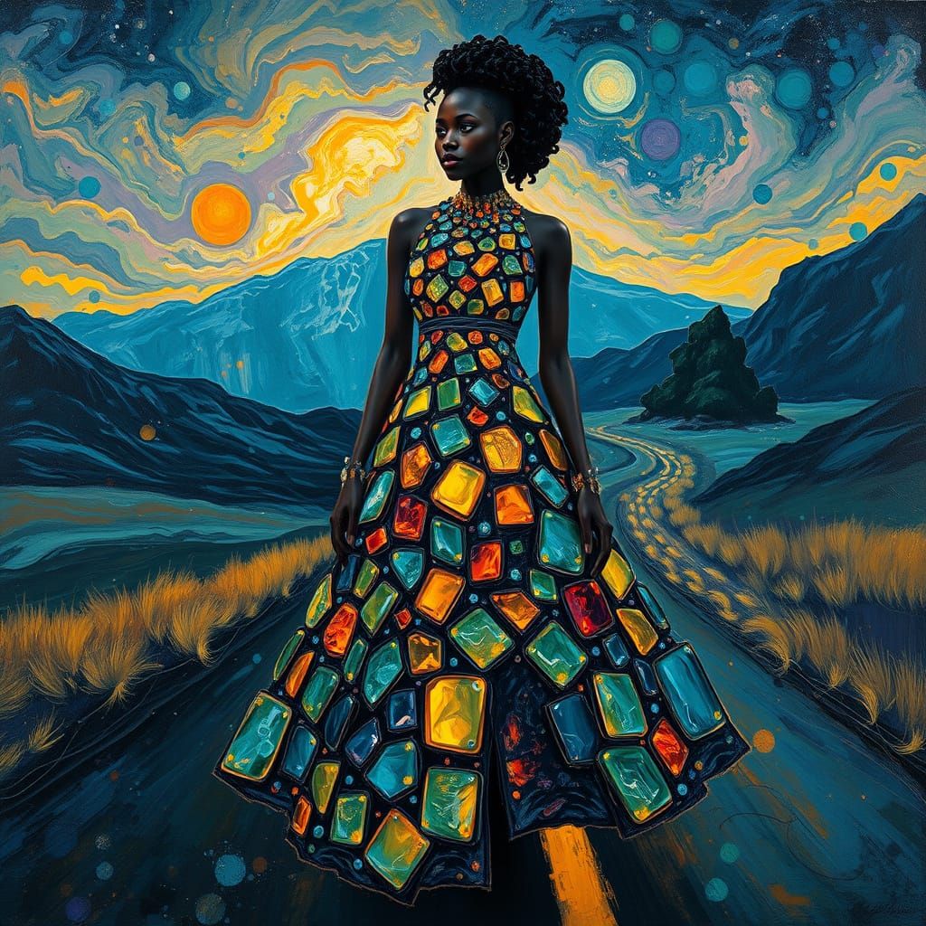 Black Woman in Glowing Glass Dress in Futuristic Landscape