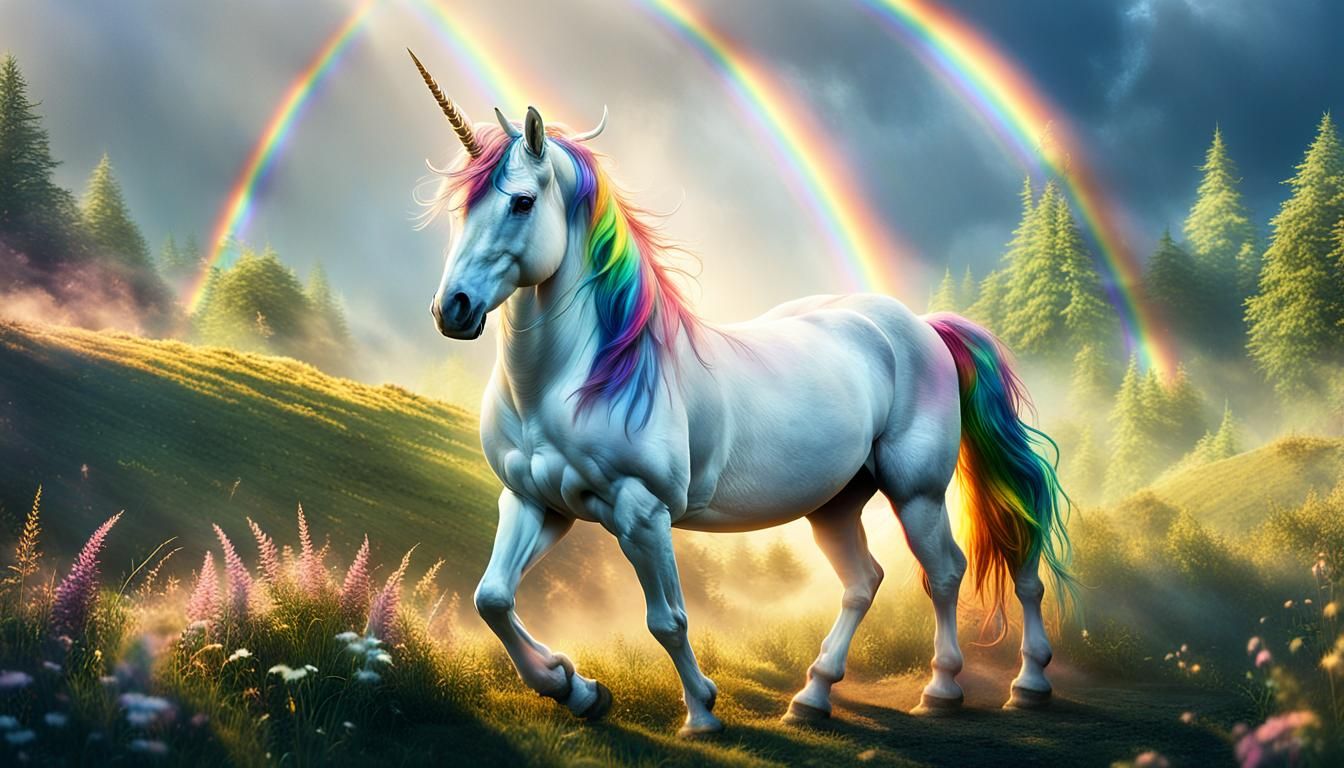 Unicorn at Rainbow's End: Hyper-Realistic Digital Art