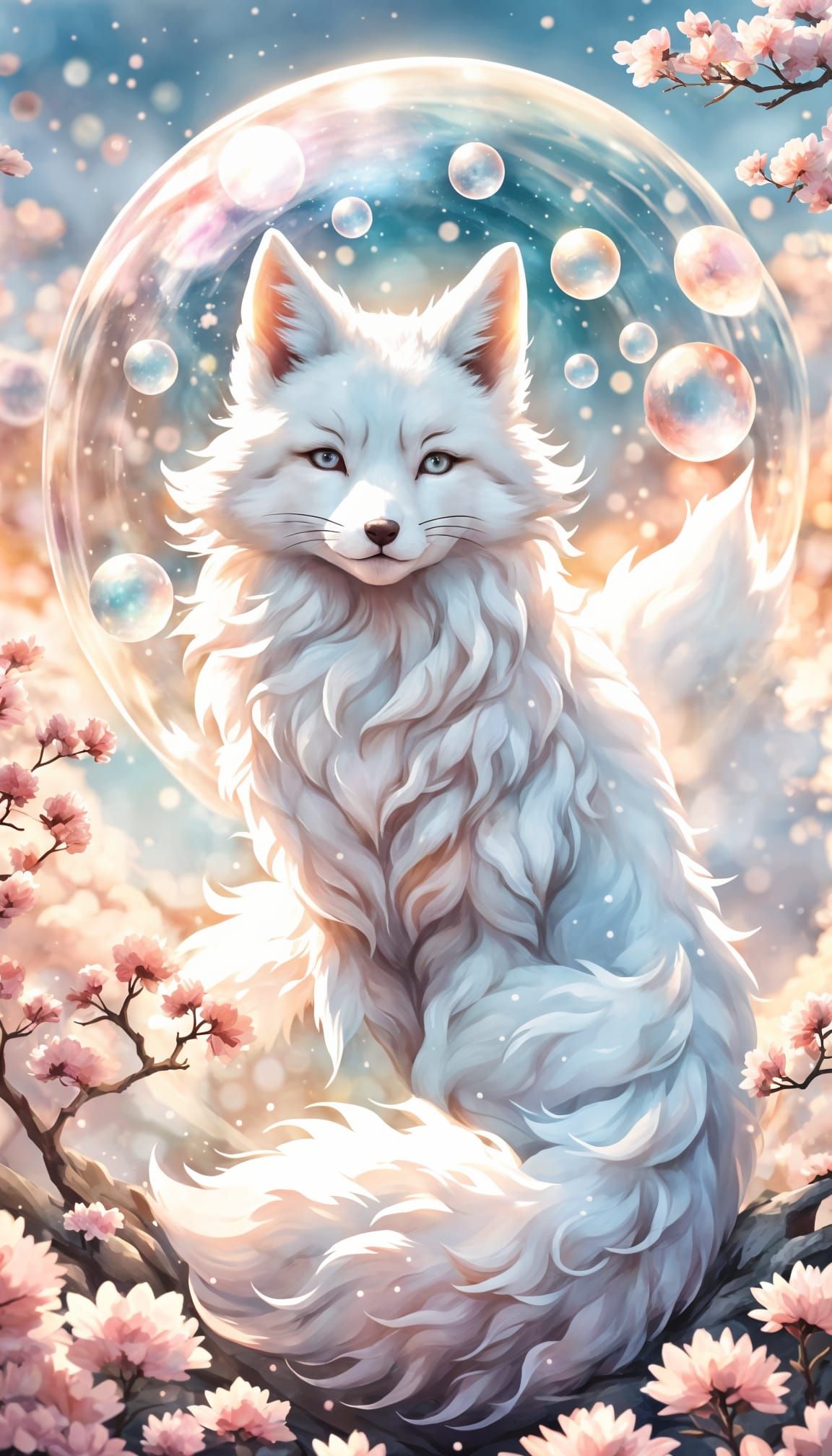 Magical Kitsune in Bubble, Ghibli Style
