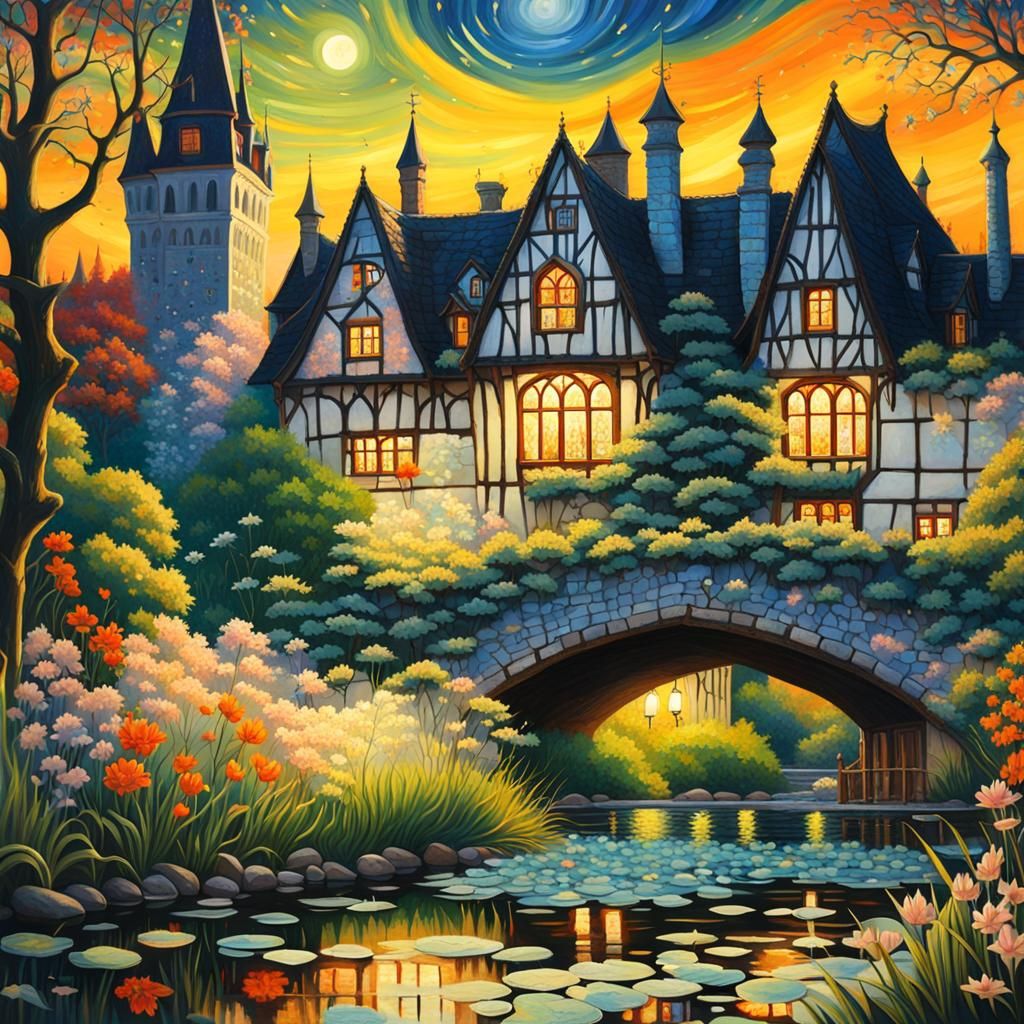 Gothic Bavarian Cityscape Under Starry Night, Impressionist ...