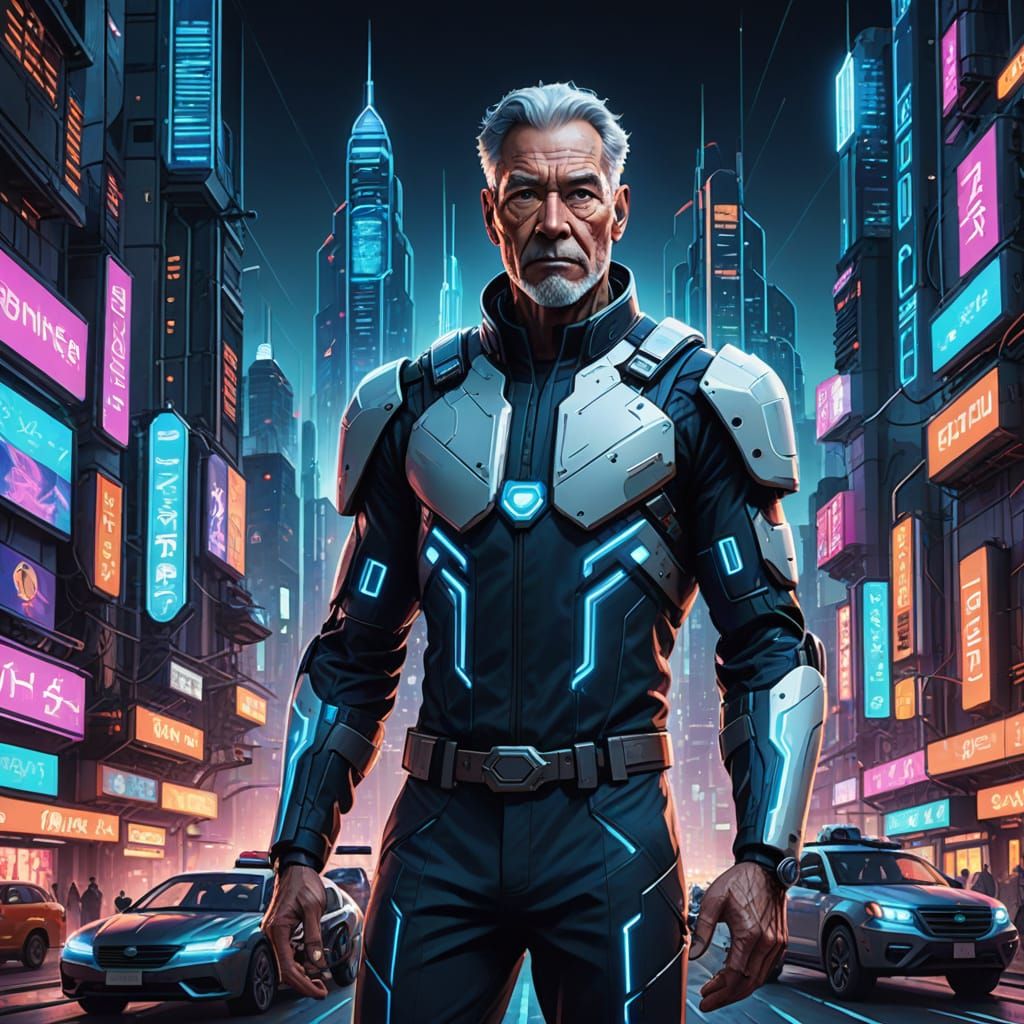 Futuristic Cyborg Handyman in Cyberpunk Cityscape