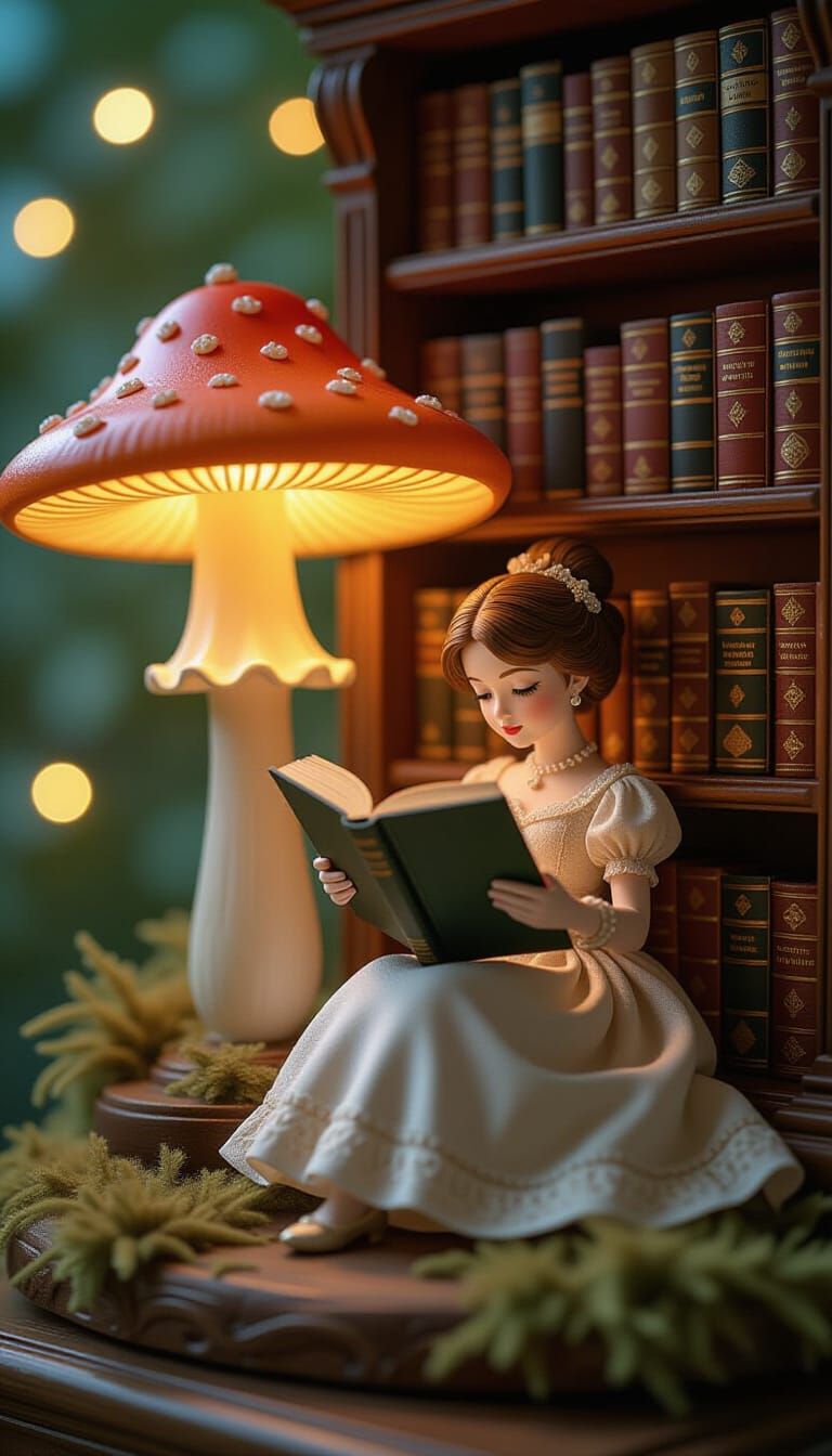 Miniature Girl Reading Under Mushroom Lamp in Diorama Style