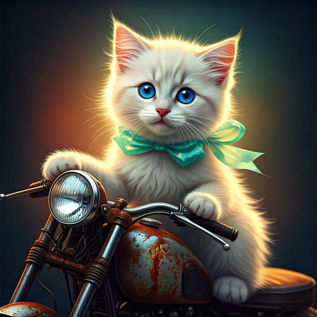Kitten on Motorcycle with Iridescent Bow