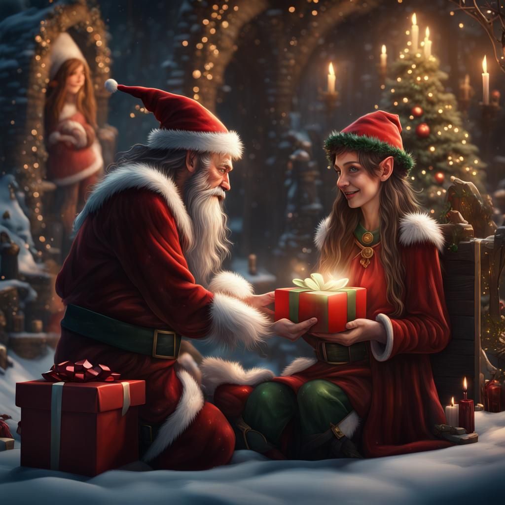 Elf Giving Gift to Santa: Fantasy Concept Art