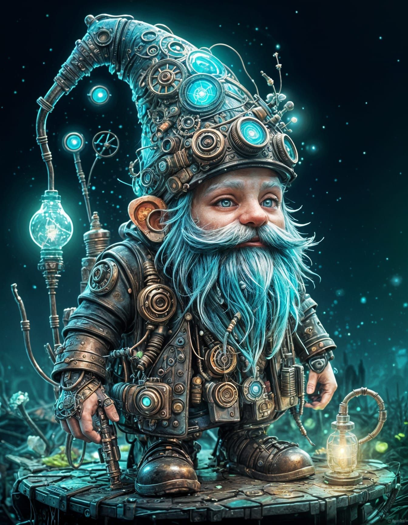 Steampunk Biopunk Gnome in Watercolor Illustration