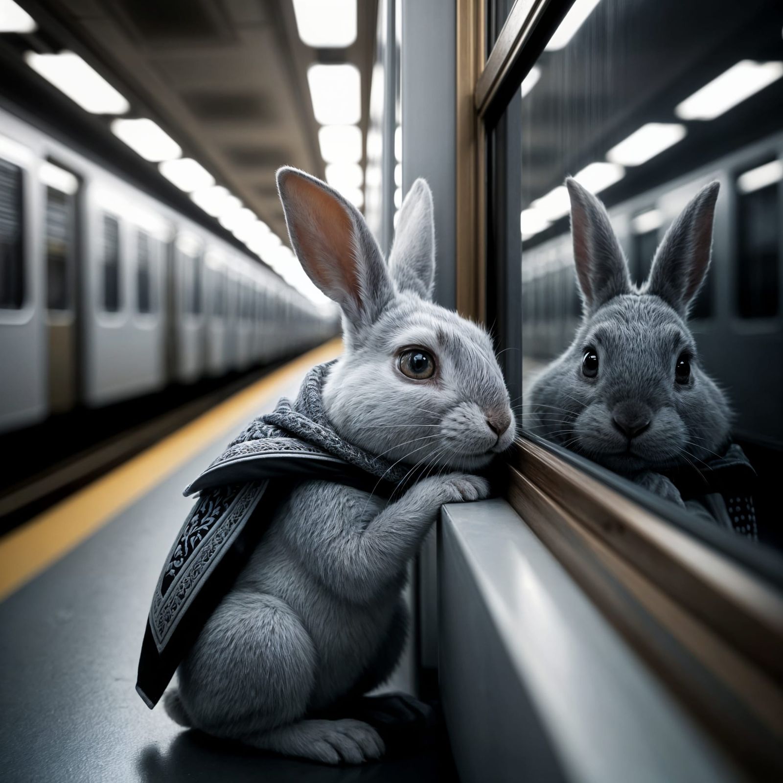 Anthropomorphic Rabbit in Moody Subway Car