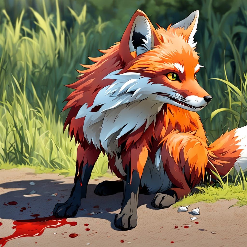Fox with Crimson Wounds in a Dark Forest