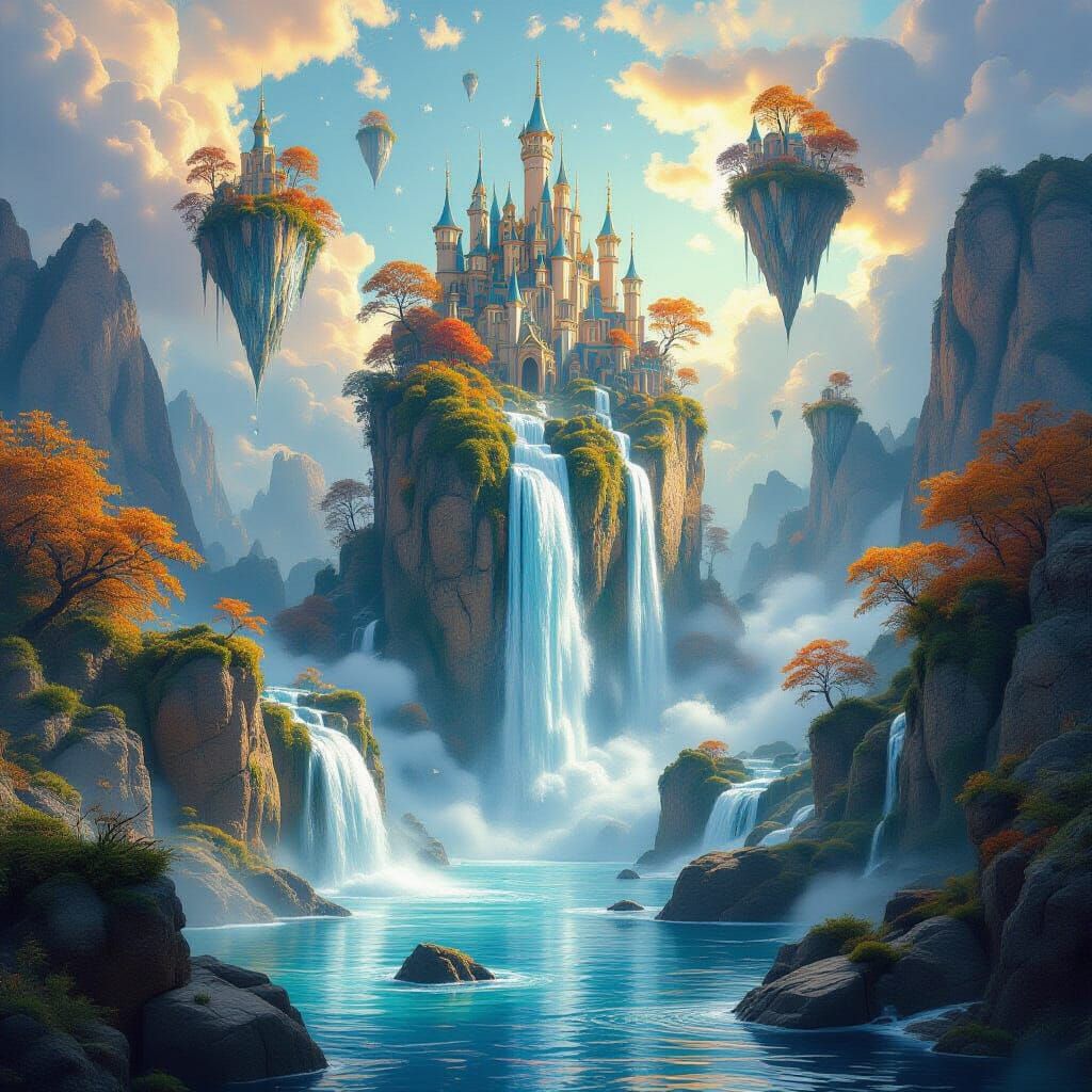 Surreal Upward Waterfall Among Autumnal Floating Islands