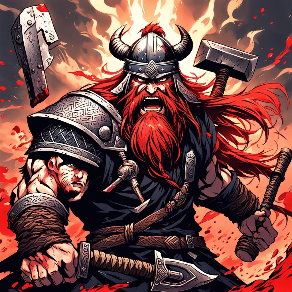 Fearsome Viking Berserker with Battle Hammer in Anime Style