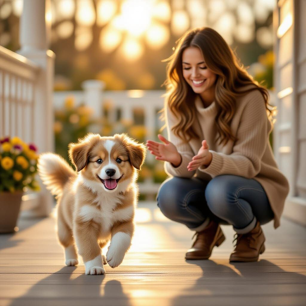 Joyful Puppy Homecoming in Painterly Style