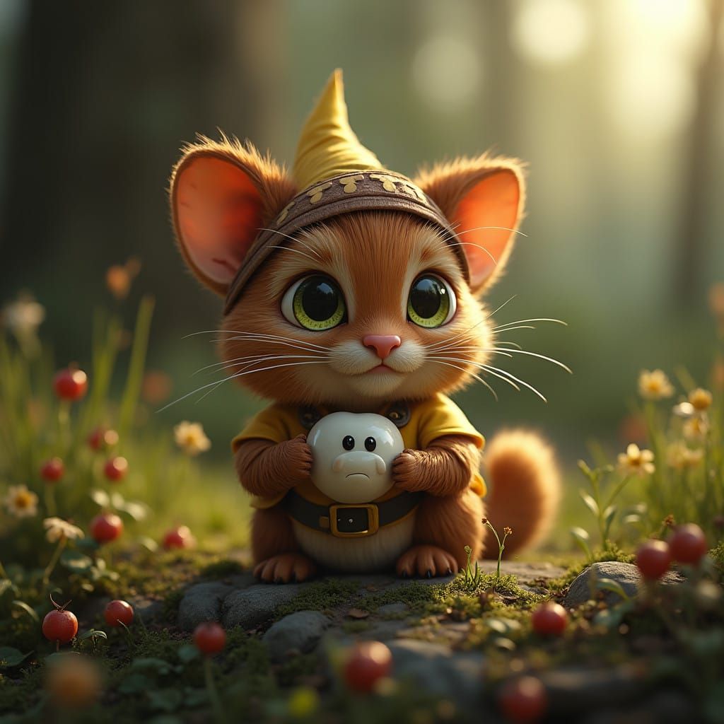 Whimsical Brownie in Farm Setting with Cats and Cows