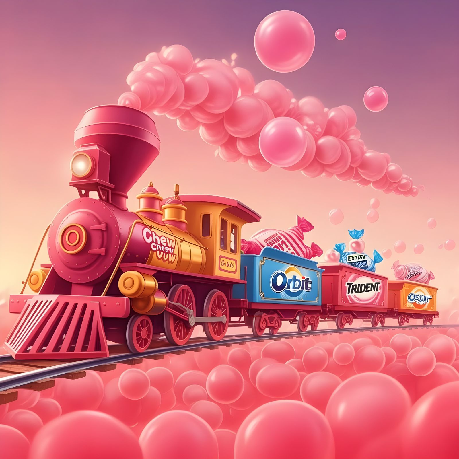 Candy Steam Train with Bubble Gum, Digital Illustration