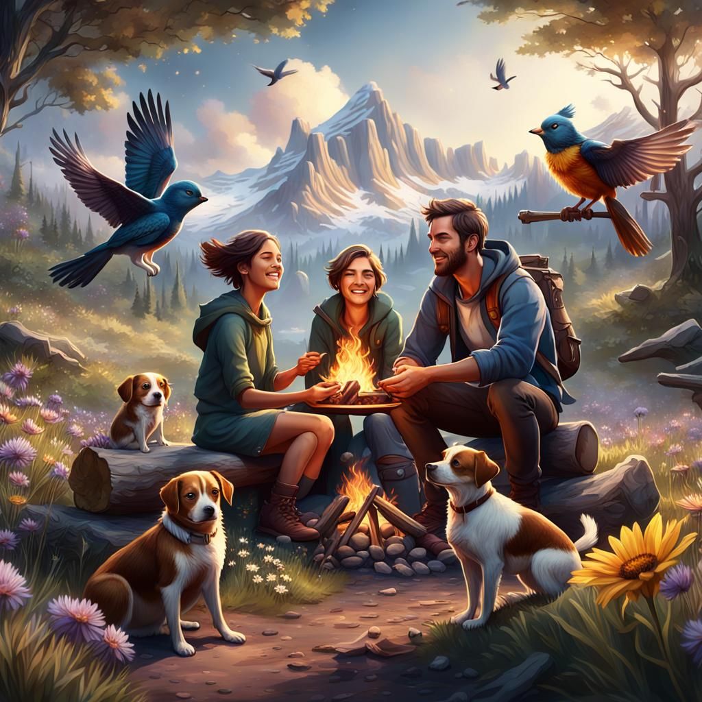Family Enjoying Nature's Beauty in Detailed Matte Painting