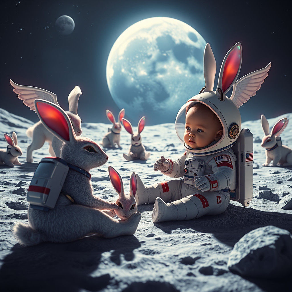 Baby Astronauts Play with Moon Creatures