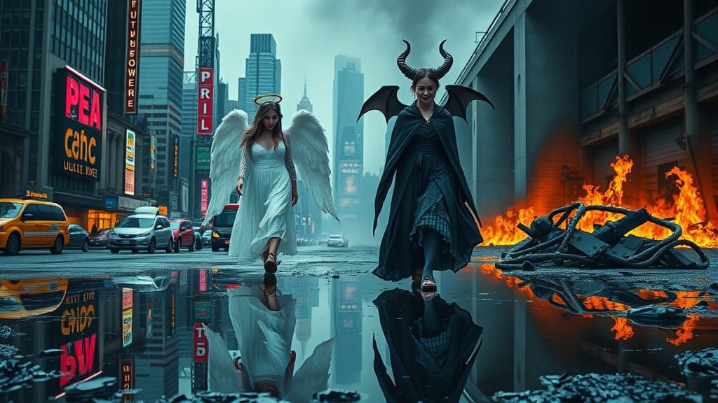 Angel and Devil Twin Figures in Harmonious Contrast