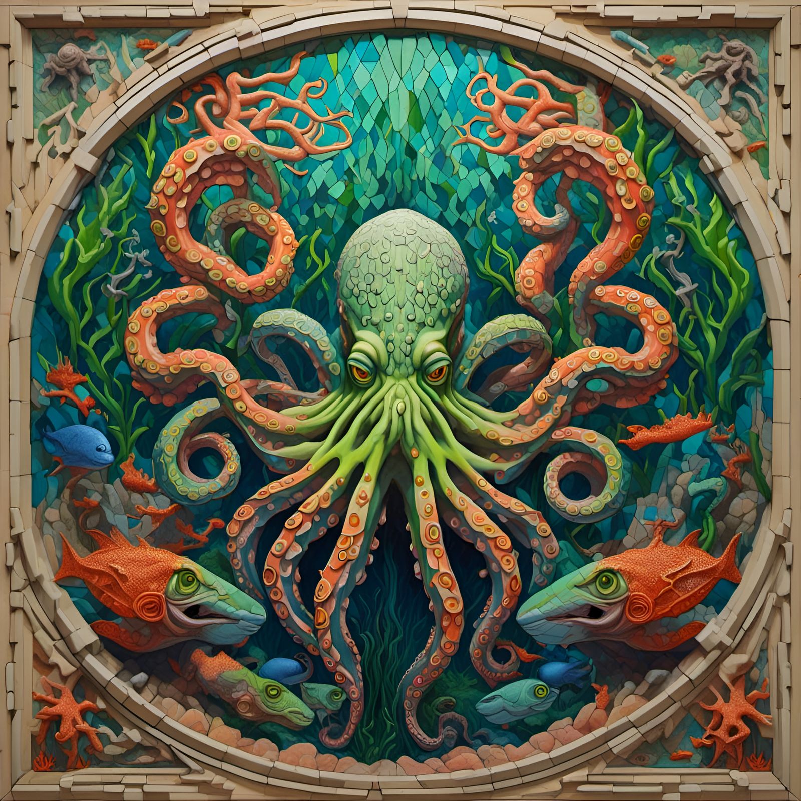 Neon Octopus Brain in Mosaic Underwater Cave