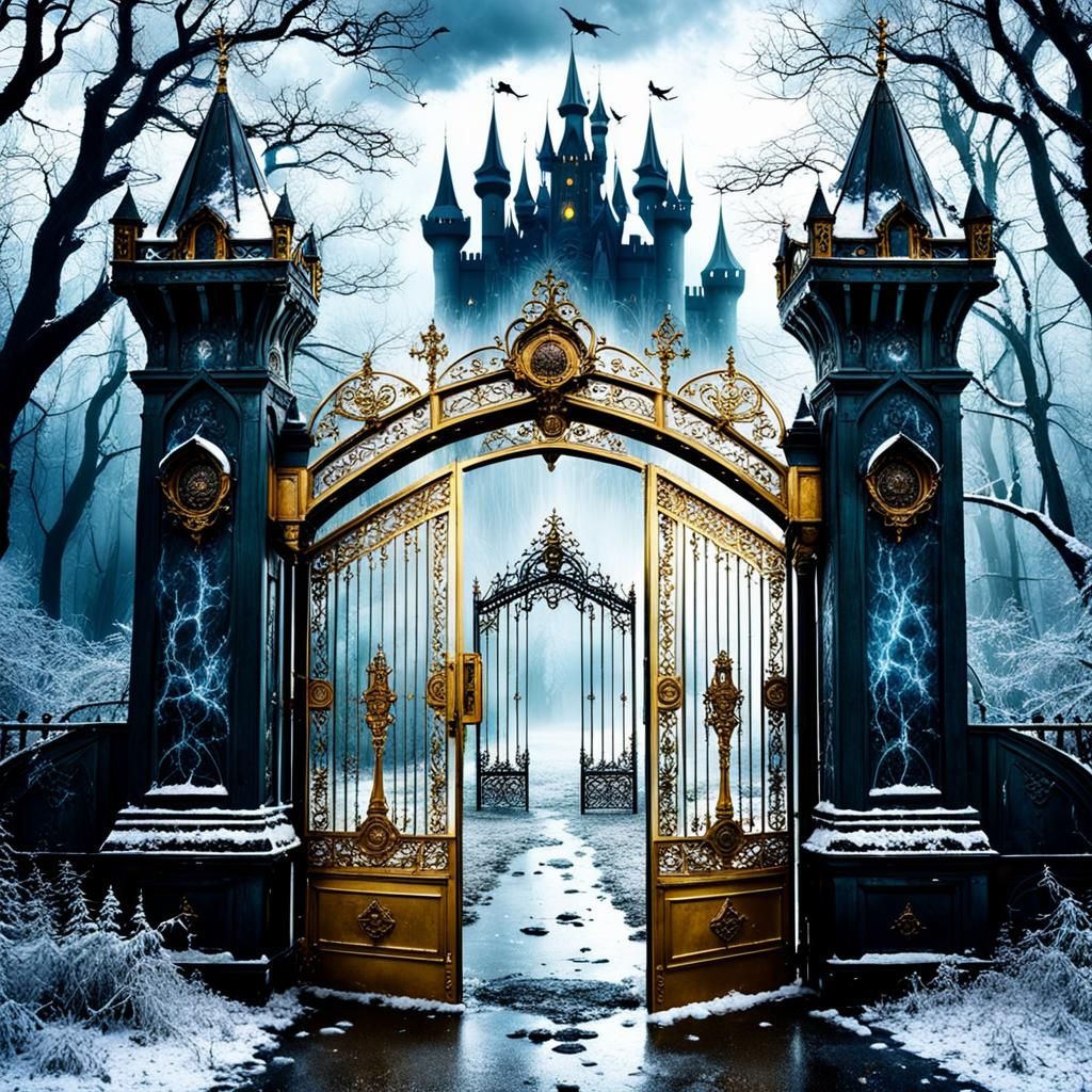 Golden Gates Reveal Castle in Thunderstorm