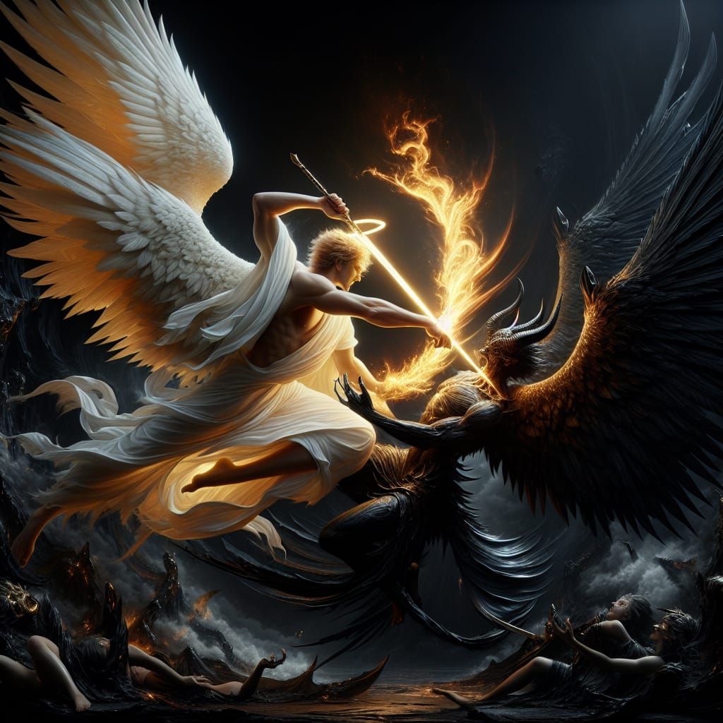 Angelic Battle in Dark Landscape as Digital Matte Painting