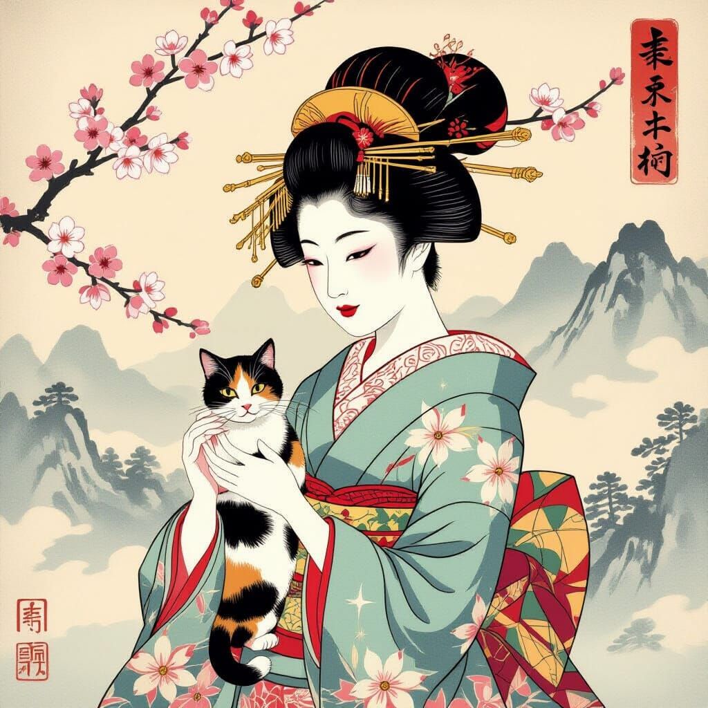 Geisha Holding Calico Cat in Ukiyo-e Style