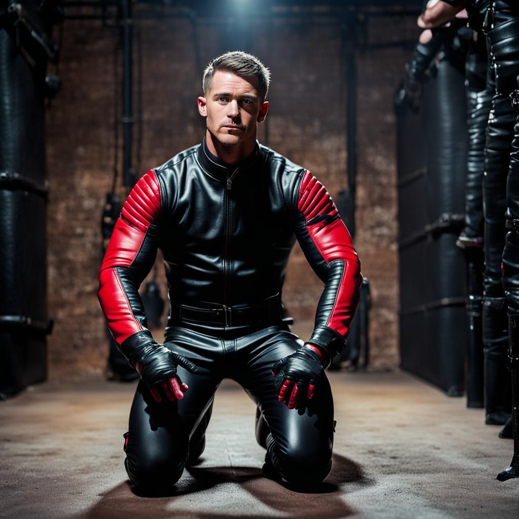 Muscular Man in Bikersuit in Leather Dungeon