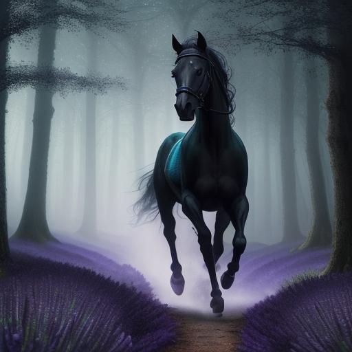 Enchanted Black Horse in Lavender Forest: Oil Painting