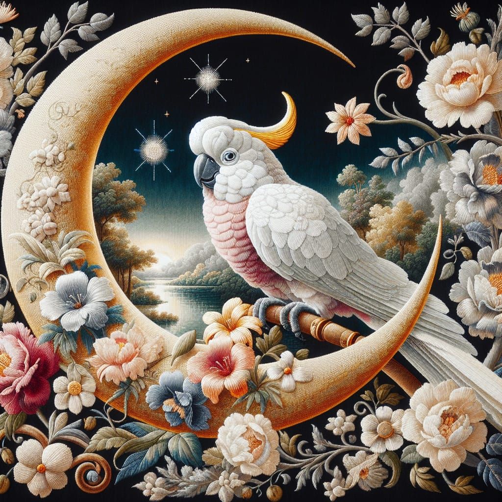 Cockatoo on Crescent Moon with Flowers