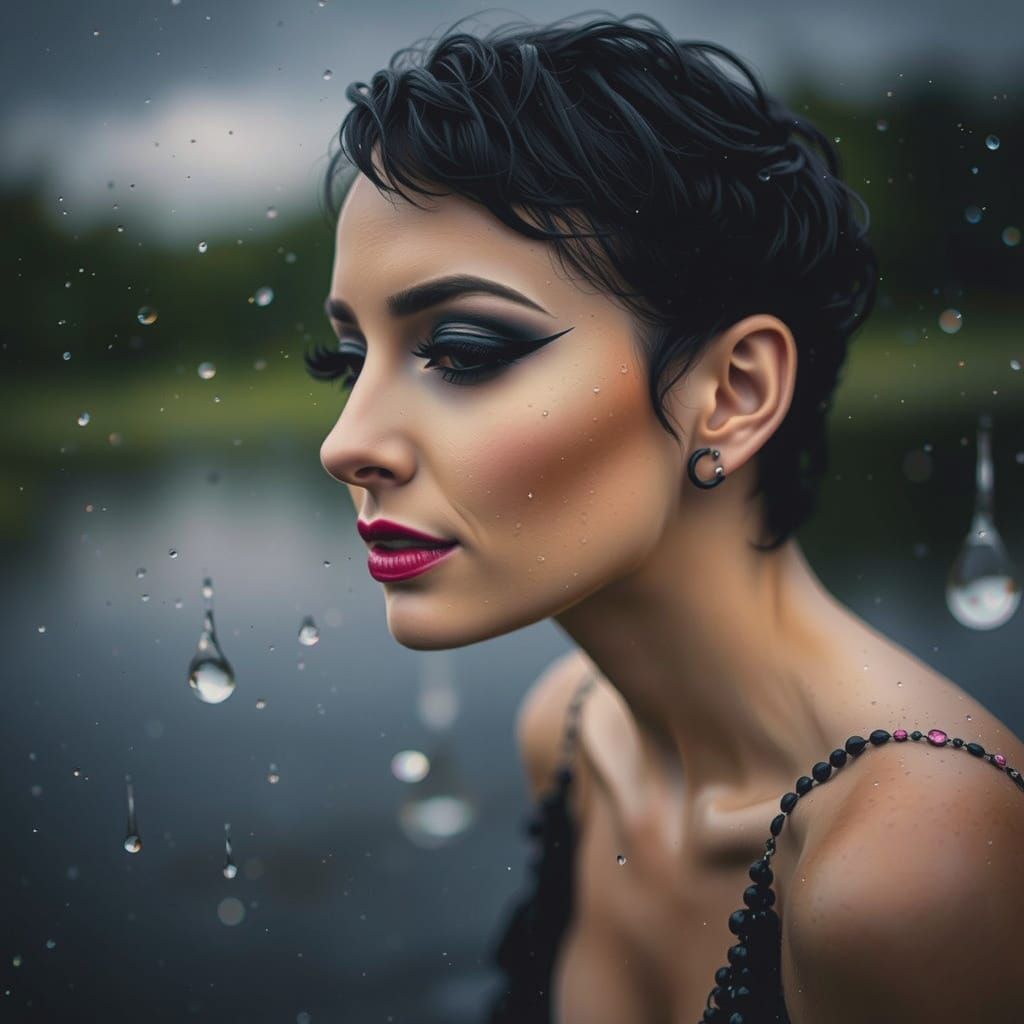 Rain-Kissed Woman in Sequined Dress: Ethereal Fantasy