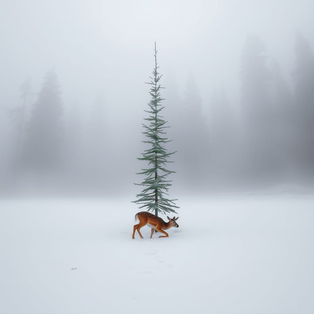 Lone Fawn in Snowy Alpine Forest Clearing