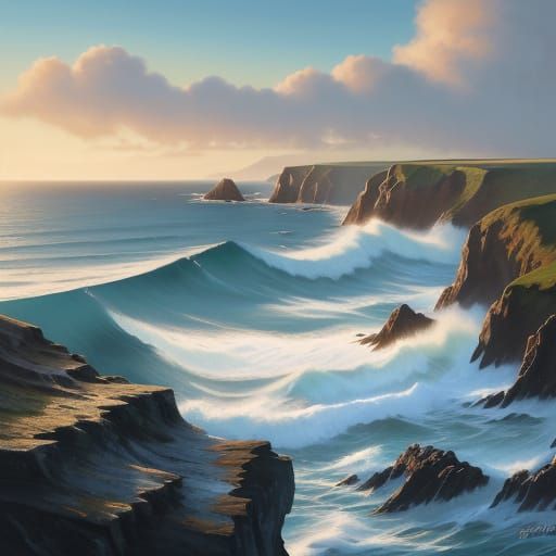 Cornwall Coast Oil Painting with Golden Light