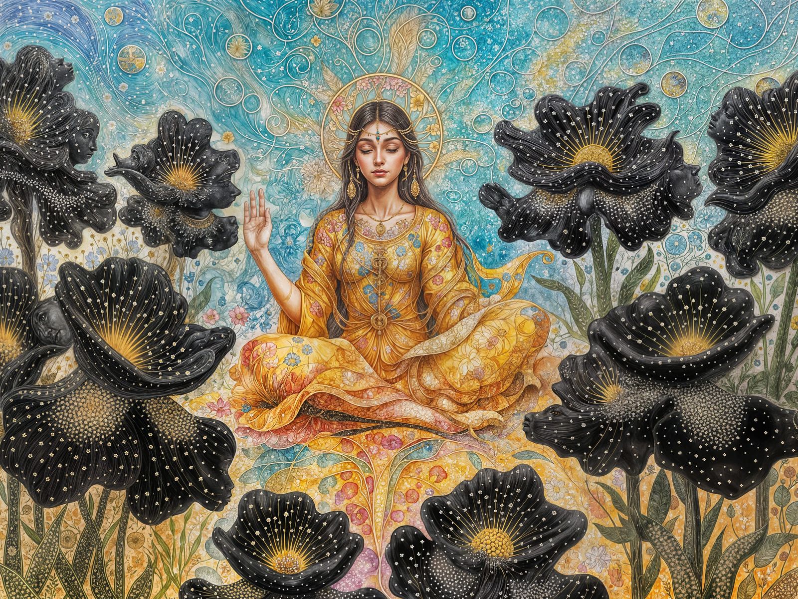 Goddess of Wisdom Cultivates Black Petal Flower Garden