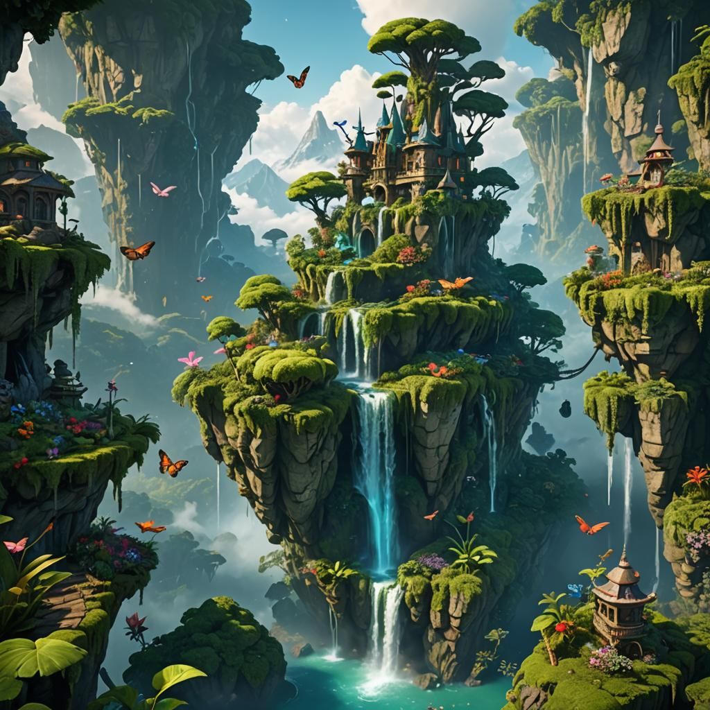 Enchanted Floating Island with Waterfalls and Exotic Flora