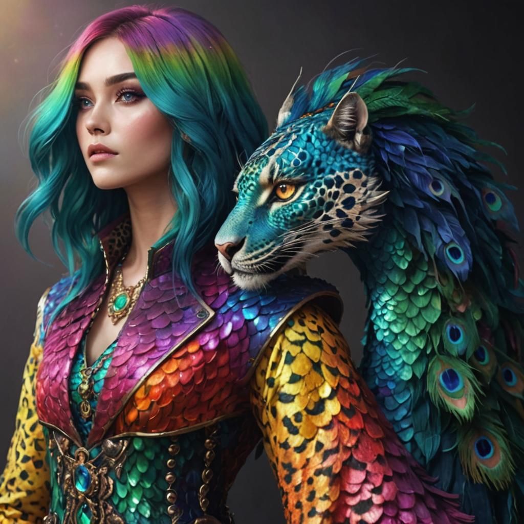 Rainbow Dragon Woman: Detailed Fantasy Art