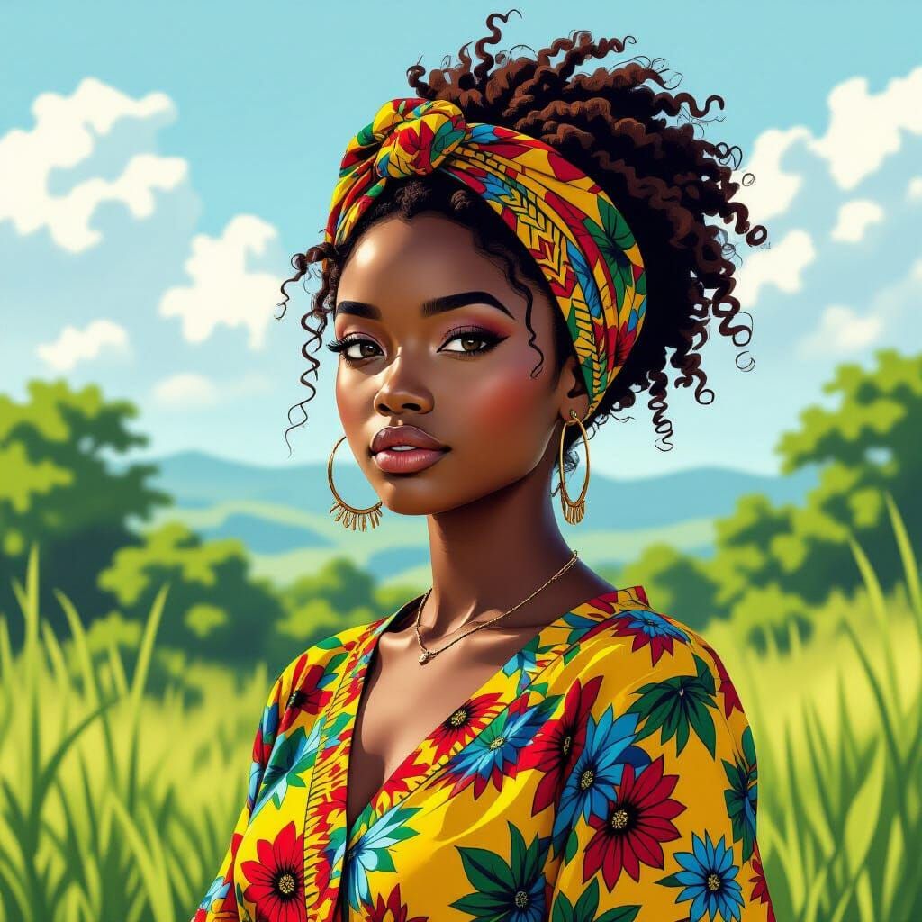 Woman in African Print in Serene Landscape