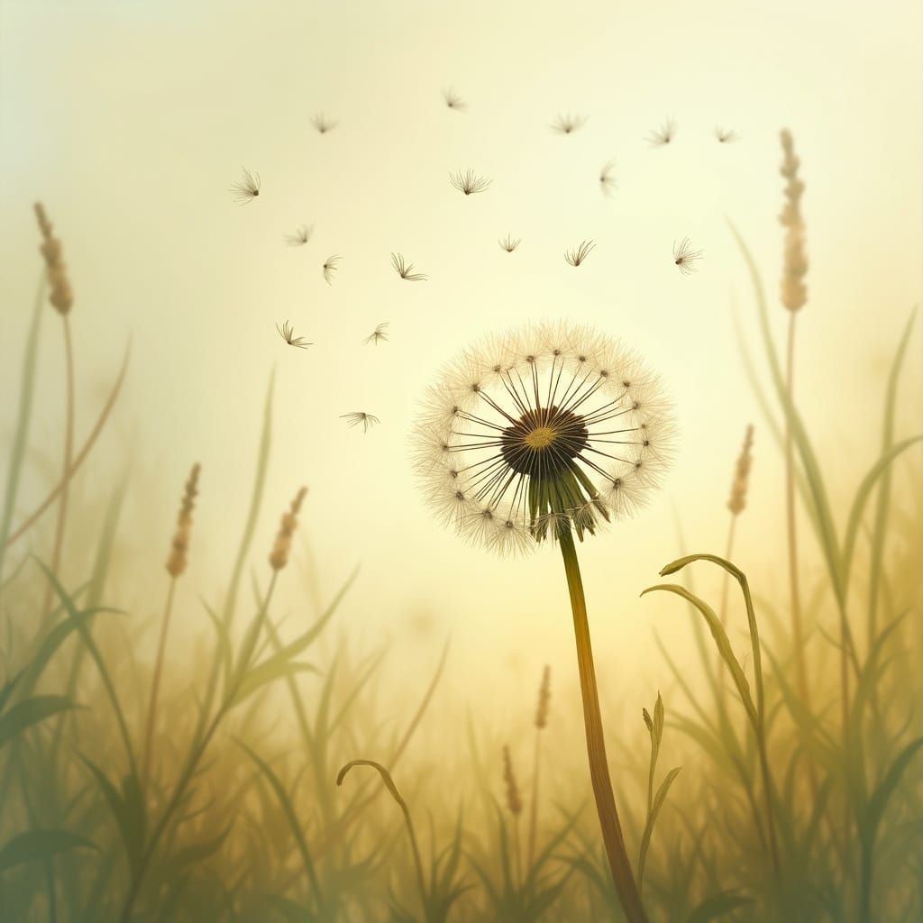 Dandelion Seeds Dispersing in Impressionistic Style