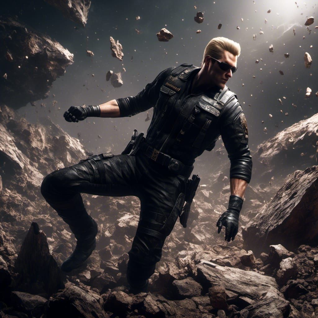Wesker in STARS uniform punching a boulder.