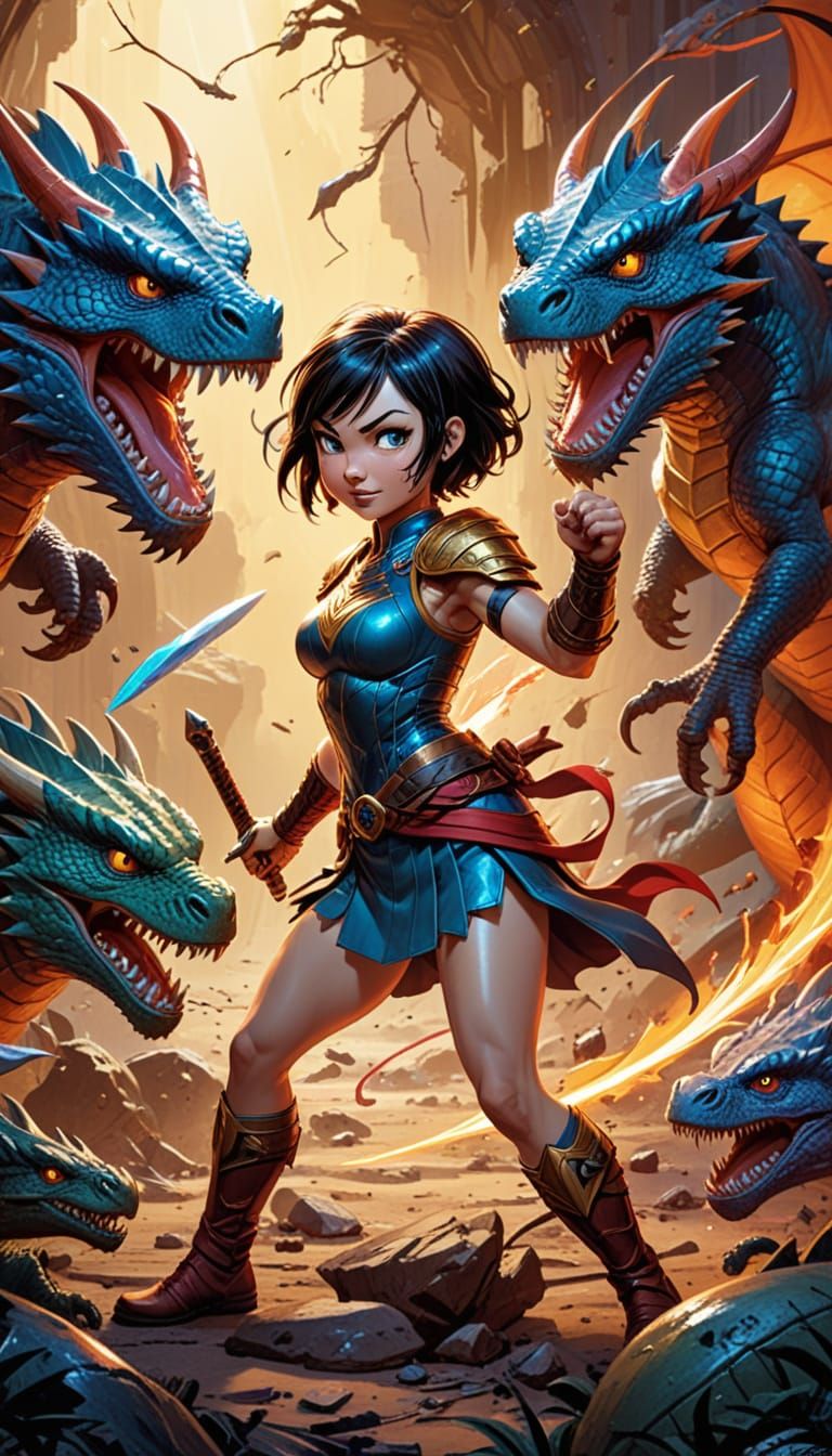 Chibi Warrior in Dynamic Battle Pose, Comic Book Style