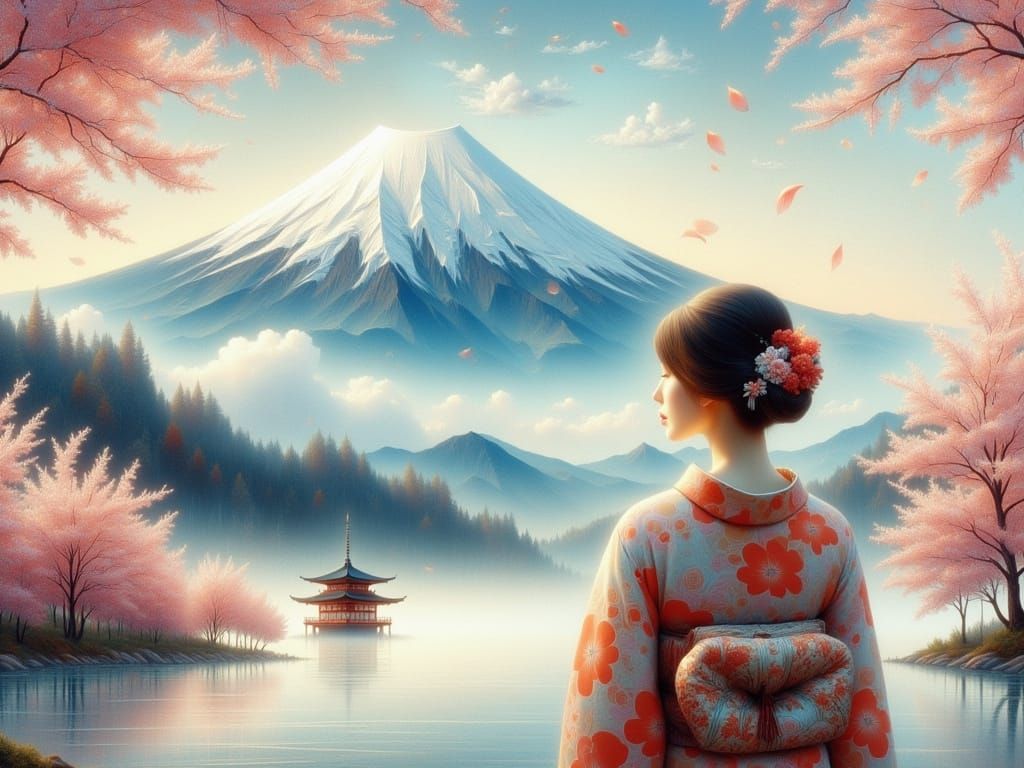 Surreal Spring Goddess in Traditional Kimono Beside Majestic...