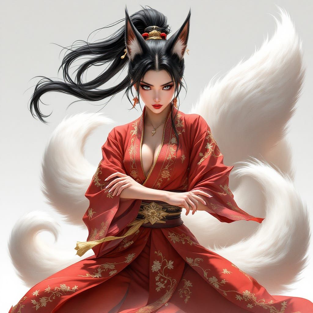 Elegant Kitsune Woman in Fighting Stance, Anime Style