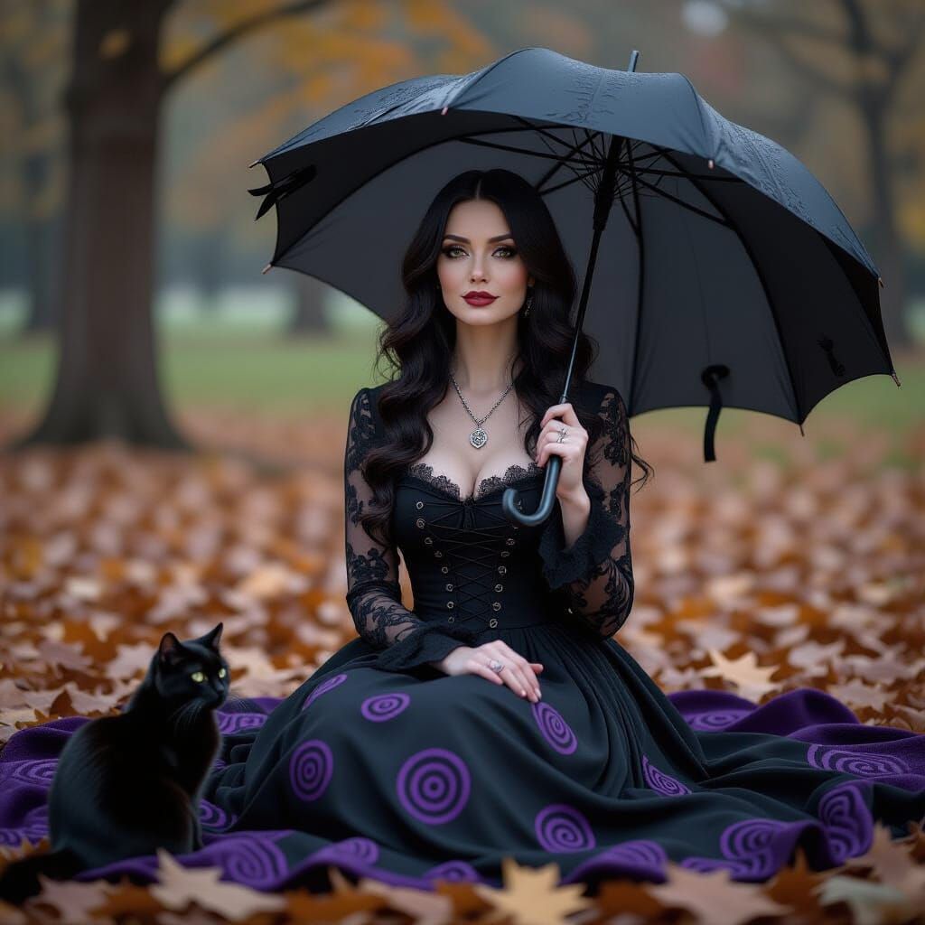 Gothic Woman's Park Selfie in Realistic Style