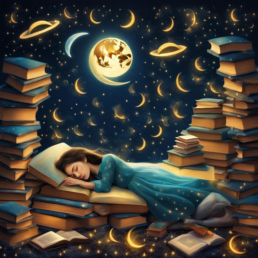 Girl Sleeping on Book Carpet in Surreal Scene