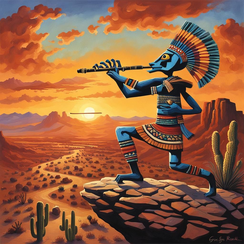 Kokopelli Flute Player at Desert Sunset