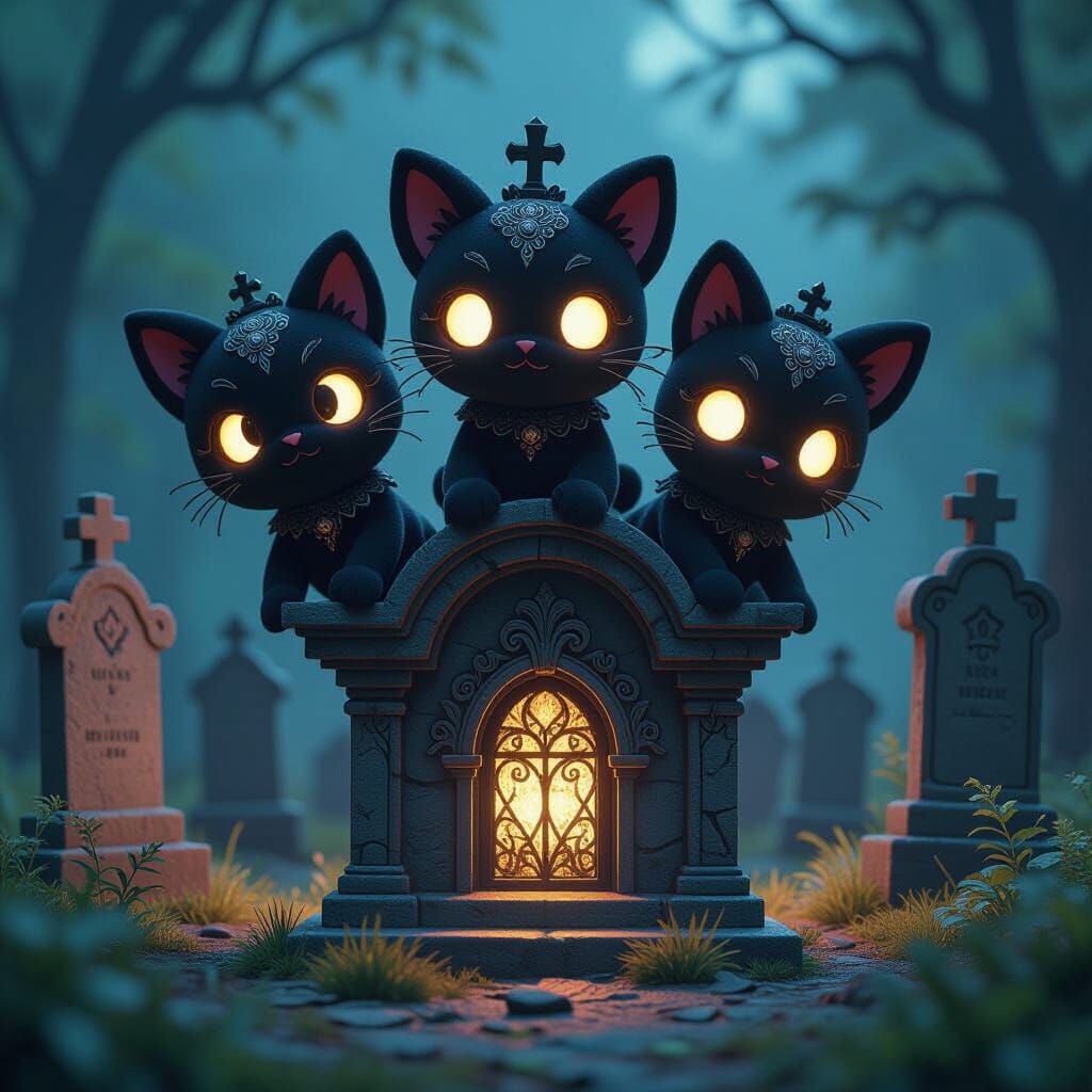 Chibi Kaiju Cerberus Plushie on Gothic Mausoleum