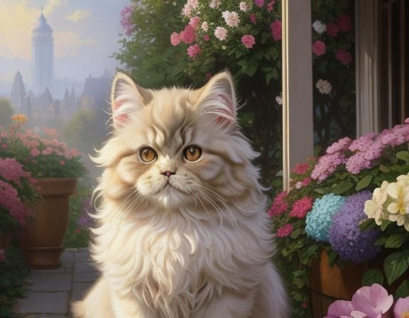 Persian Cat in Farmhouse Garden, Oil Painting
