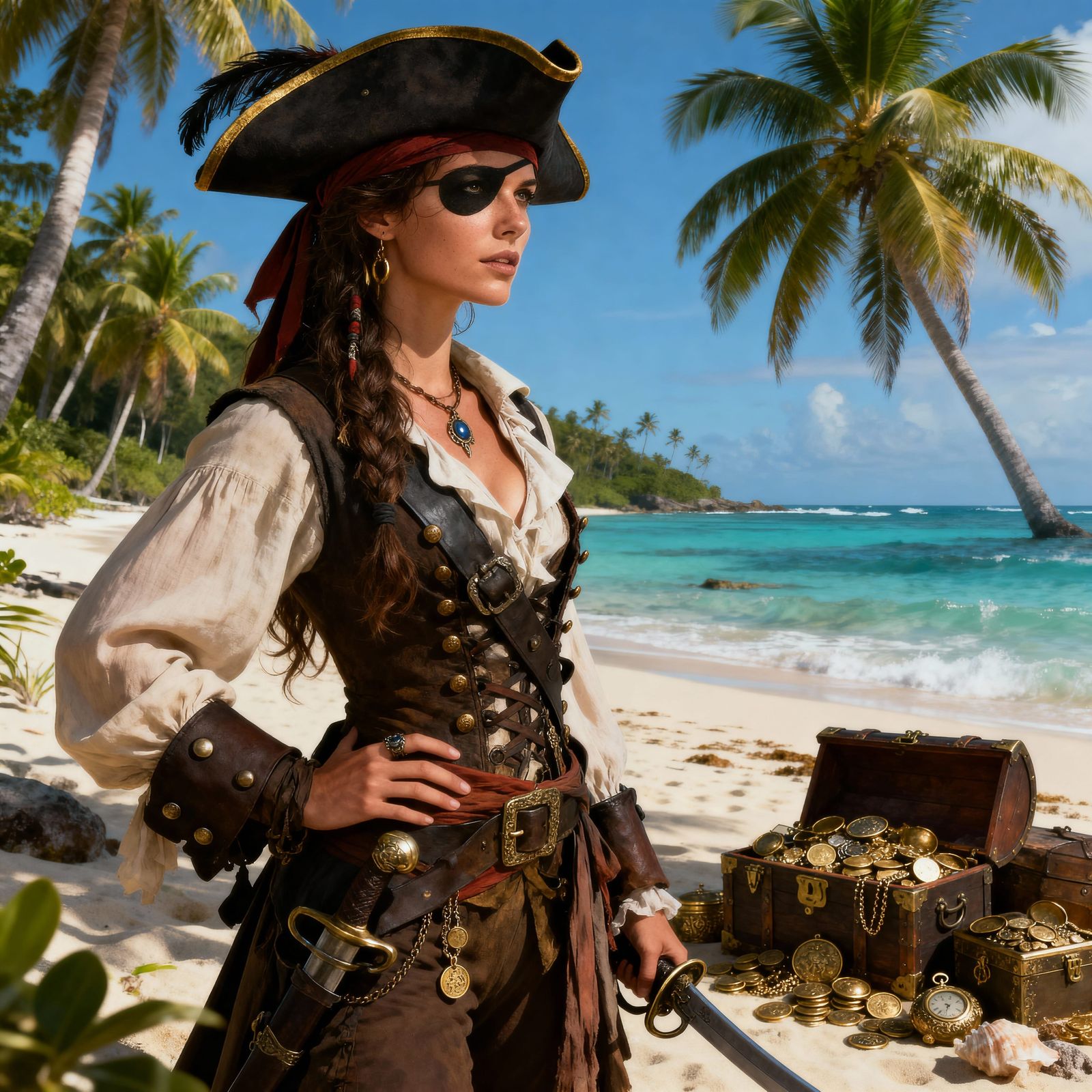 Hyperrealistic Pirate Woman on Tropical Island Treasure