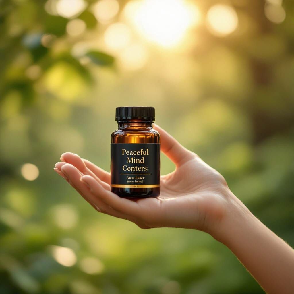 Serene Hand Holds Supplement Bottle in Sunlit Forest