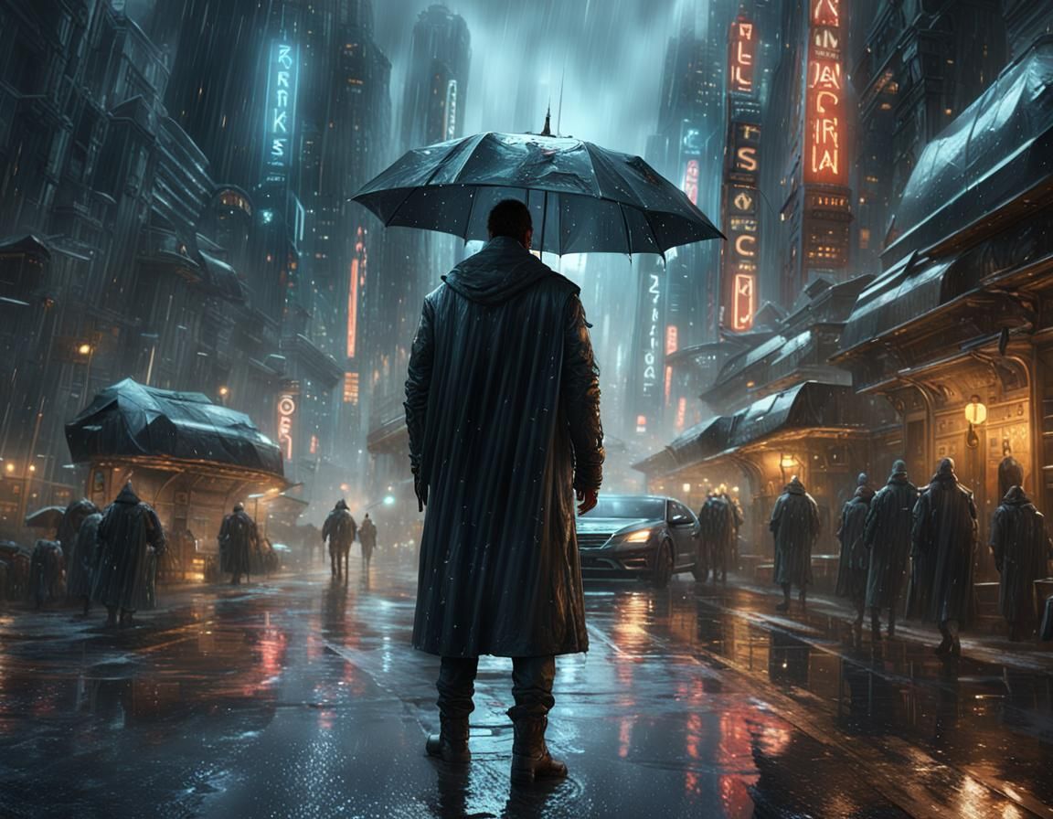 Futuristic Man in Rain, Dark Fantasy Concept Art