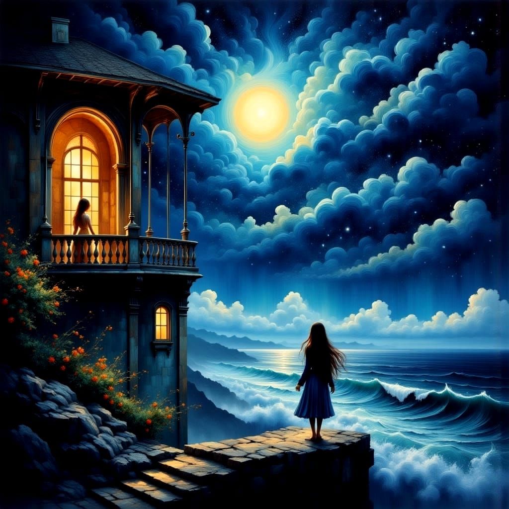 Enchanting Gouache Masterpiece of a Golden-Haired Girl Gazin...