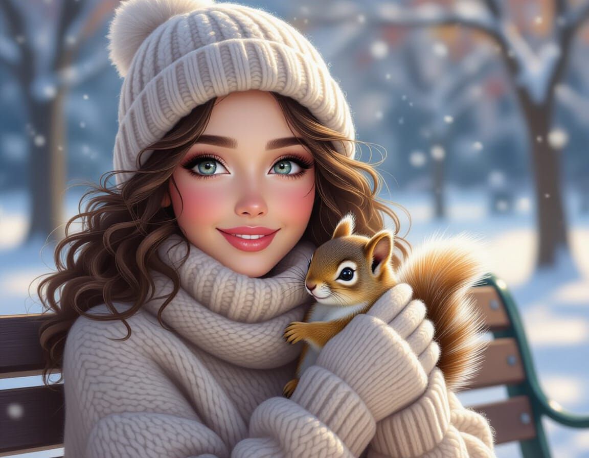 Woman With Squirrel in Winter Park