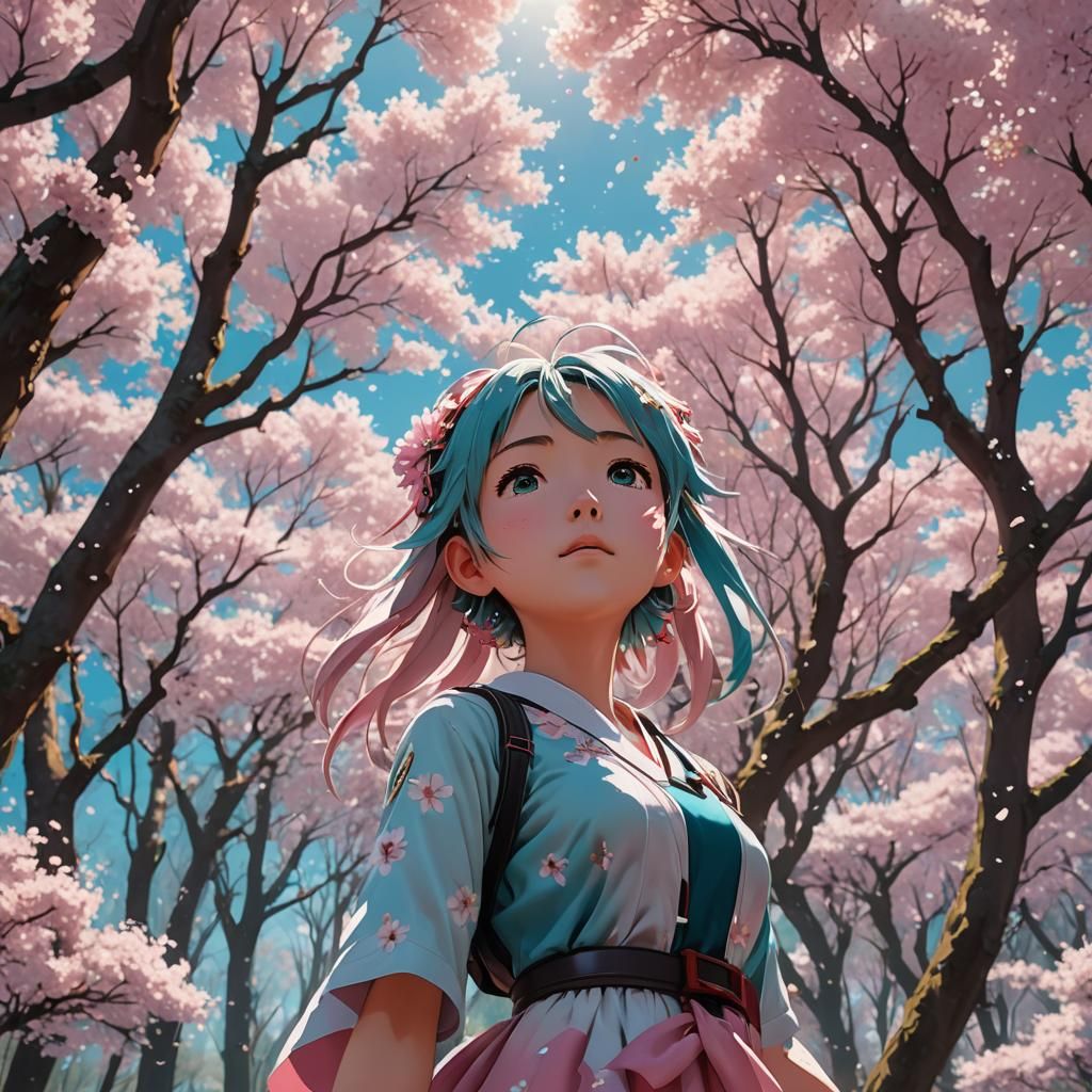 Sakura Miku in Cherry Blossom Forest, Anime Style