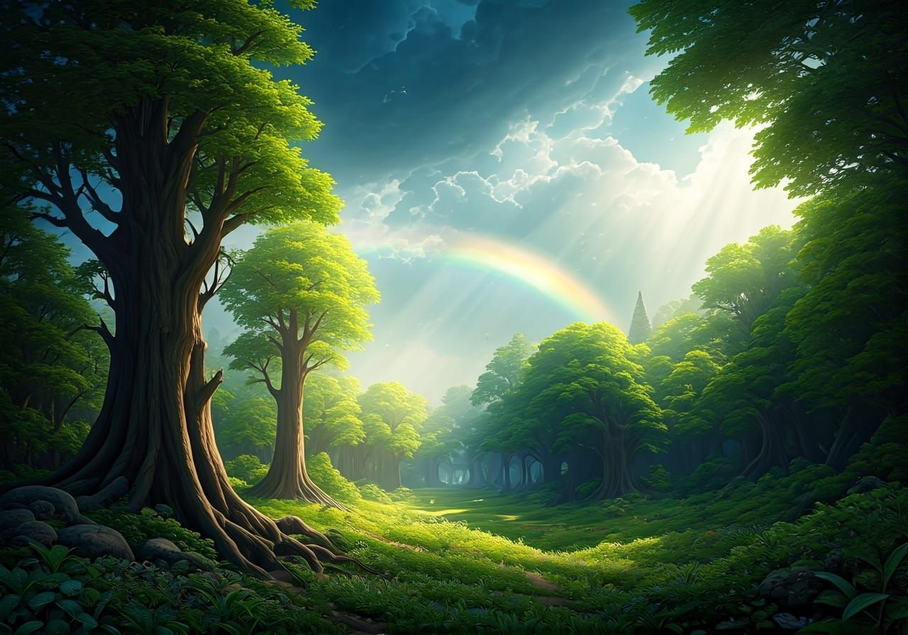 Mystical Forest Rainbow During Summer Thunderstorm